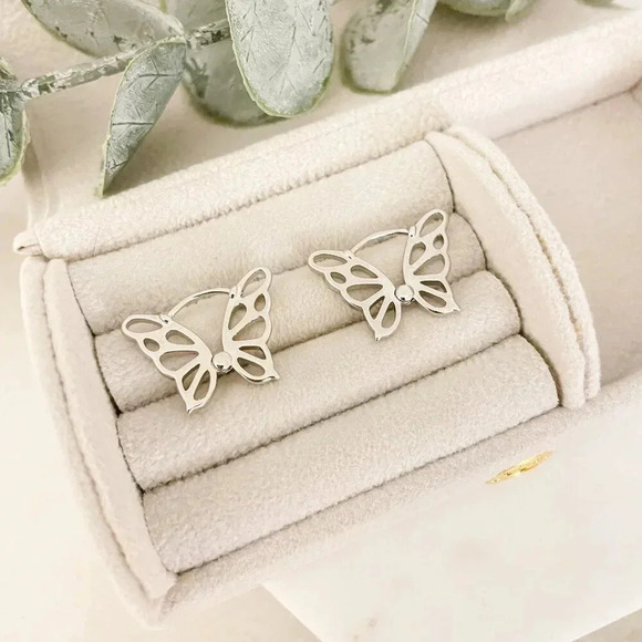 925 Sterling Silver Butterfly Hoop Earrings Butterfly Huggies Small Huggies - Picture 4 of 5